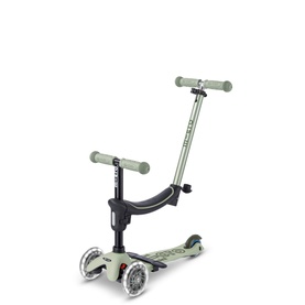 Micro Scooters green 3-in-1 mini scooter with adjustable T-bar handlebar, black seat, and light-up wheels