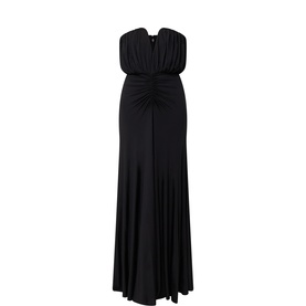 Self-Portrait black strapless maxi dress with ruched bust, gathered waist detail and flared skirt in stretch viscose blend