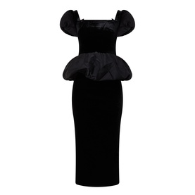 Self-Portrait black velvet midi dress with puff sleeves, square neckline, and structured taffeta peplum waist detail.