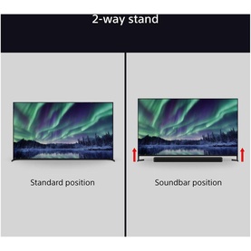 Diagram showing TV 2-way stand in standard and soundbar positions, with arrows indicating height adjustment options.