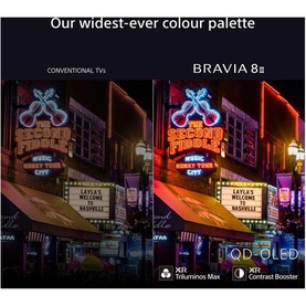Sony Bravia 8 II QD-OLED TV displaying vibrant neon sign, comparing colour palette against conventional TV with XR Triluminos Max technology.