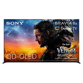 Sony Bravia 8 II QD-OLED Google TV displaying Venom movie content, slim black frame, large screen format