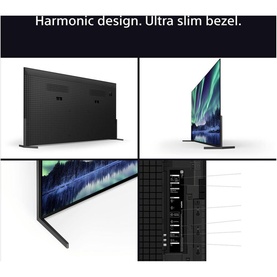 Sony BRAVIA OLED TV in black, multi-angle view showing ultra slim bezel design, rear ports, and slim profile with stand