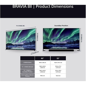 Sony BRAVIA 8II OLED TV product dimensions diagram showing 65-inch and 55-inch size options with stand and soundbar configurations