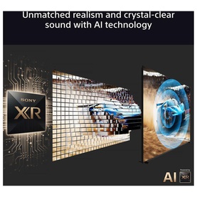 Sony XR processor graphic showing AI-enhanced picture and sound technology, with vivid display panels demonstrating crystal-clear image quality