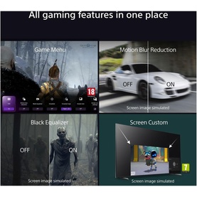 Promotional graphic showing four gaming TV features: Game Menu, Motion Blur Reduction, Black Equalizer, and Screen Custom settings.