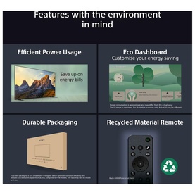 Infographic highlighting eco-friendly features: efficient power usage, eco dashboard, durable packaging, and recycled material remote control.
