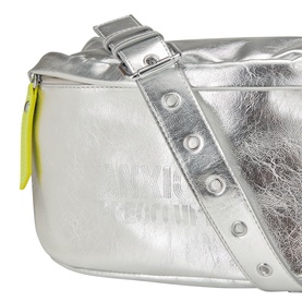 Anxious Preoccupied silver metallic crossbody bag with silver stud strap detail, embossed logo, and neon yellow zip pull
