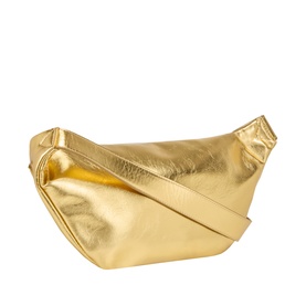 Anxious Preoccupied gold metallic crossbody bag with diagonal front strap detail and gold-tone hardware, smooth faux leather finish