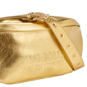 Anxious Preoccupied gold crossbody bag in metallic finish with embossed logo, gold-tone hardware and studded adjustable strap