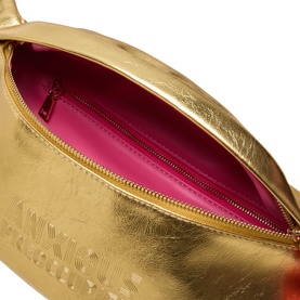 Anxious Preoccupied gold metallic crossbody bag, open to reveal hot pink interior lining, gold zip hardware