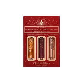 Charlotte Tilbury Fragrance Collection of Emotions Perfume Travel Trio set, three miniature spray bottles in red gift box