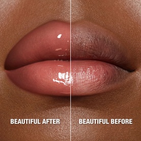 Charlotte Tilbury lip gloss before-and-after close-up showing glossy, plumped lips labelled Beautiful Before and Beautiful After on deep skin tone.