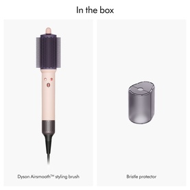 Dyson Airsmooth Styling Brush in pink and grey shown with bristle protector accessory, in-the-box contents view
