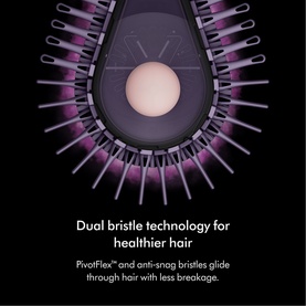Dyson Airsmooth Styling Brush close-up of dual bristle head with PivotFlex and anti-snag bristles, purple and silver tones