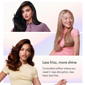 Three models showing Dyson Airsmooth Styling Brush results: sleek straight, glossy blonde, and voluminous brunette hair with reduced frizz and shine.