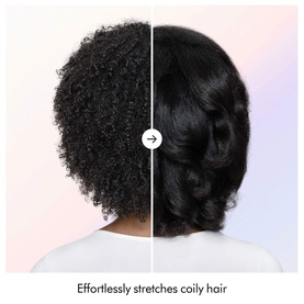 Before and after split showing Dyson Airsmooth Styling Brush results: natural coily hair transformed into sleek, stretched blowout style.
