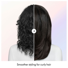 Before and after shot showing Dyson Airsmooth Styling Brush result: curly hair transformed to sleek, smooth straight hair.