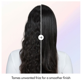 Before and after shot showing Dyson Airsmooth Styling Brush results, transforming frizzy wavy hair to smooth, sleek finish on dark hair.