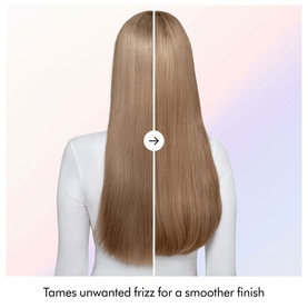 Dyson Airsmooth Styling Brush before-and-after showing frizzy versus smoothed straight blonde hair, with text "Tames unwanted frizz for a smoother