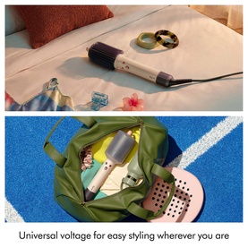 Dyson Airsmooth Styling Brush shown in two lifestyle scenes: on a bedside surface and packed inside a green travel bag, highlighting universal