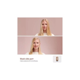 Dyson Airwrap&trade; Origin Multi-Styler & Dryer before-and-after results showing straight and styled blonde hair, with sleek side part finish