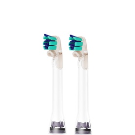 Two white Philips Sonicare replacement electric toothbrush heads with teal bristles and clear bases, pack of 2