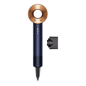 Dyson Supersonic hair dryer in Prussian Blue and Rich Copper with magnetic styling concentrator attachment