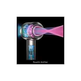 Dyson hair dryer cutaway showing internal motor and airflow technology with pink and blue airstream visualisation