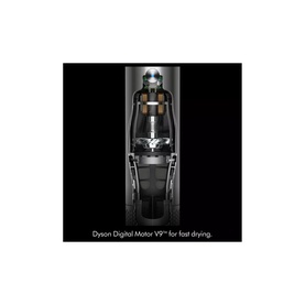 Dyson Digital Motor V9 internal mechanism shown in cross-section, highlighting fast-drying motor components in silver and black