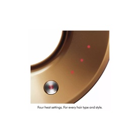 Close-up of a copper-toned hair styling tool showing a silver control button and four red heat indicator lights.