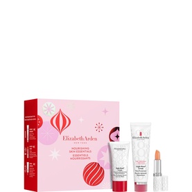Elizabeth Arden Nourishing Skin Essentials skincare set in festive red gift box with cream tube and lip balm stick