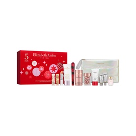 Elizabeth Arden Beauty All Skincare Gift Set with 12 products including serums, creams, and cosmetic bag, festive red box