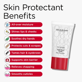 Elizabeth Arden Eight Hour Cream Skin Protectant tube displayed with benefits infographic highlighting moisture, lip shine, and skin barrier support.