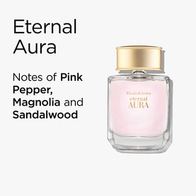 Elizabeth Arden Eternal Aura eau de parfum in clear rectangular bottle with gold cap, pink fragrance liquid visible
