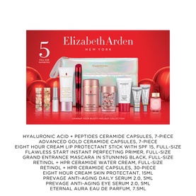 Elizabeth Arden Beauty Holiday Skincare Gift Set with multiple red and gold products including serums, capsules, mascara and lip protectant