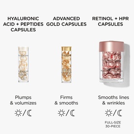 Elizabeth Arden skincare capsule range: Hyaluronic Acid + Peptides, Advanced Gold, and Retinol + HPR Capsules comparison chart