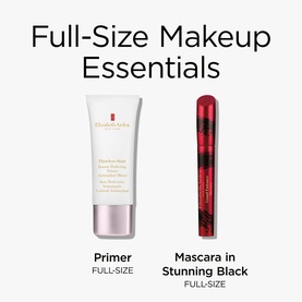 Elizabeth Arden Full-Size Makeup Essentials set featuring a face primer tube and Stunning Black mascara wand