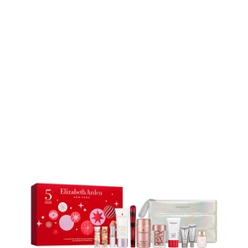 Elizabeth Arden Beauty All Skincare Gift Set with 12 products including serums, creams, and cosmetic bag, festive red box
