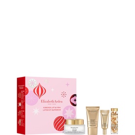 Elizabeth Arden Forever Lift & Firm skincare gift set with moisturiser, serum, and eye cream in festive red box