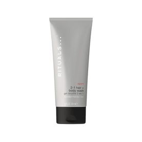 Rituals Sport 2-in-1 Hair and Body Wash shower gel in grey and pink tube packaging