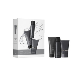 Rituals Homme Trial Gift Set featuring a spray and two tubes in dark grey packaging with silver accents, displayed with gift box