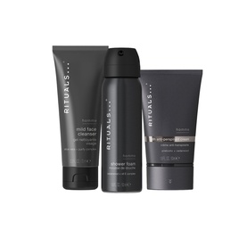 Rituals Homme Trial Gift Set containing mild face cleanser, shower foam, and anti-perspirant cream in grey packaging