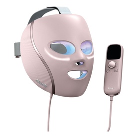 Shark Beauty CryoGlow LED Face Mask in Spa Pink with illuminated blue LED panels and wired handheld controller