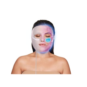 Model with Shark Beauty CryoGlow LED Face Mask Spa Pink, shown half-applied to face with blue and pink light zones visible