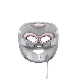 Shark Beauty CryoGlow LED Face Mask in Spa Pink, grey full-face mask with pink eye surrounds and trailing cable