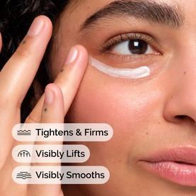 Model with The Ordinary Eye Cream/Gel applied under eye, demonstrating tightening, lifting and smoothing benefits on skin.