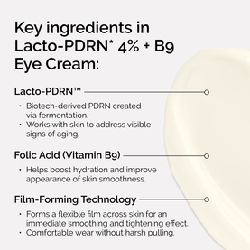 The Ordinary Lacto-PDRN 4% + B9 Eye Cream key ingredients graphic highlighting Lacto-PDRN, Folic Acid, and Film-Forming Technology.