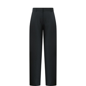 Vera Wang black wide-leg tailored trousers in wool blend, featuring a high waist, belt loops, and a straight-cut leg