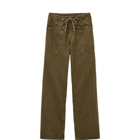 Bash green wide-leg trousers with drawstring waist, patch pockets, and button-fly detail in olive cotton fabric